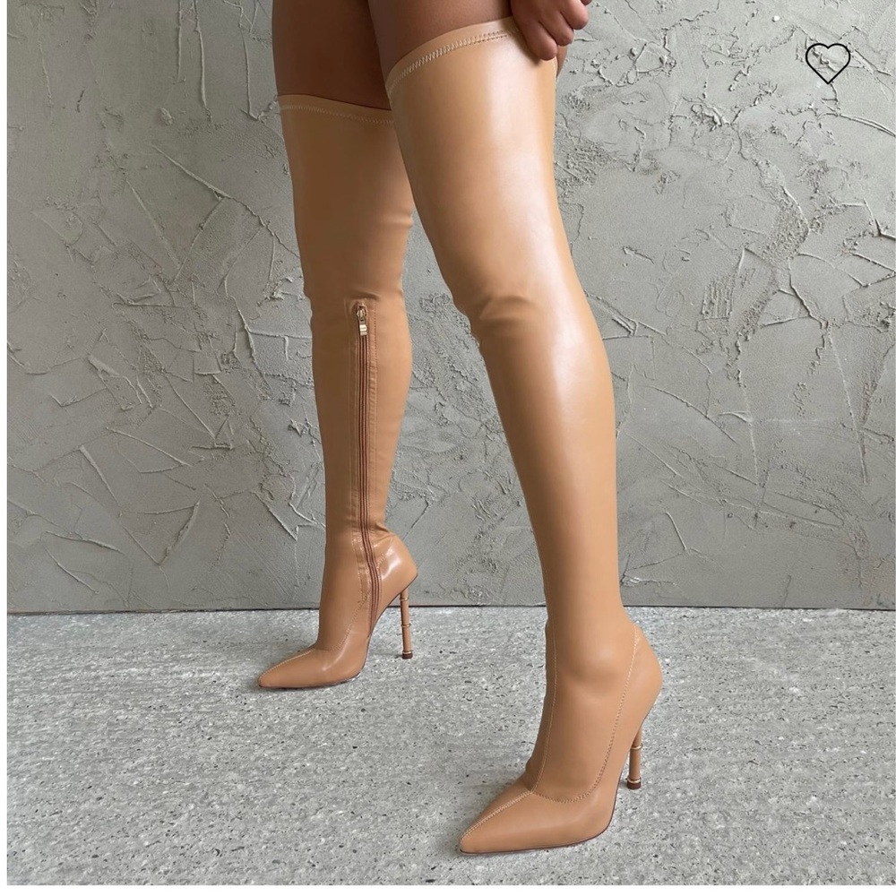 Tan leather like over the knee boot